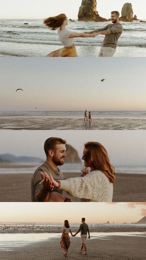 Photoshoot Ideas Beach Couple, Oregon Beach Photoshoot, Couple Beach Portraits, Oregon Beach Engagement Photos, Beach Documentary Photography, Unique Beach Engagement Photos, Cozy Beach Engagement Photos, Canon Beach Engagement Photos, Coastal Couple Photoshoot