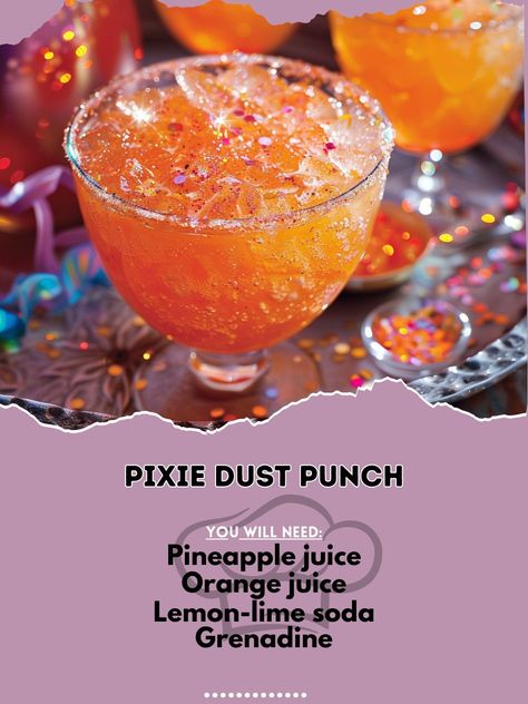 ✨ Sprinkle some magic with Pixie Dust Punch! ✨🍹 #PixieDust #MagicalDrink Pixie Dust Punch Ingredients: Pineapple juice (2 cups) Orange juice (2 cups) Lemon-lime soda (1 liter) Grenadine (1/2 cup) Edible glitter (for garnish) Instructions: Mix pineapple juice, orange juice, and lemon-lime soda in a punch bowl. Add grenadine and gently stir. Garnish with edible glitter. Enjoy the enchanting flavors! ✨🍍🍊 #PartyPunch #MagicalMoments #RecipeInspire Drinks To Make With Grenadine, Drinks With Edible Glitter, Cocktails For Beginners, Iced Drinks Recipes, Cocktail Drinks Alcoholic, Mocktail Recipes, Yummy Alcoholic Drinks, Sweet Cocktails, Lemon Lime Soda