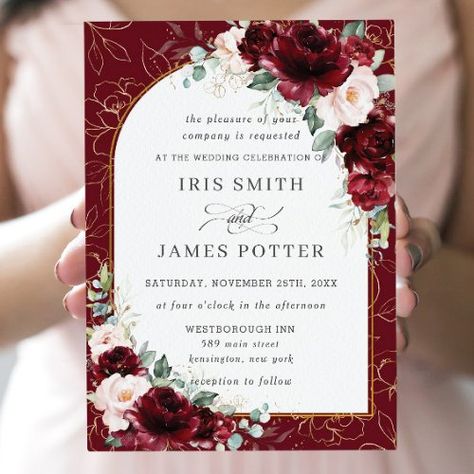 $2.06 | Burgundy Blush Floral Flowers Arch Gold Wedding #spring winter autumn fall summer, romantic rich warm colours, botanical sage green eucalyptus foliage, elegant classic flower arch, rich burgundy blush floral wedding, watercolor red maroon pink flowers, budget quality wedding invitation cards, luxe roses blooms flowers, archway door garden bridal shower, modern gold floral line art Archway Door, Rustic Blush Wedding, Bridal Shower Modern, Flowers Arch, Blush Floral Wedding, Garden Bridal Showers, Gold Wedding Invitation, Spring Wedding Invitations, Elegant Bridal Shower