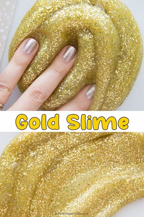 GOLD SLIME - how to make gold slime. Easy gold slime recipe. Perfect for St Patrick's Day! Glitter Glue Slime Recipes, Glitter Slime Recipe, Homemade Slime Recipe, Slime No Glue, Easy Slime Recipe, Slime For Kids, Homemade Slime, Glitter Slime, How To Make Slime