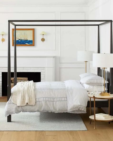 12 Black Canopy Beds Trending In 2023 Black Canopy Beds, Walnut House, White Canopy Bed, Black Canopy Bed, White Canopy, Serena Lily, Stone Harbor, Linen Sheet Sets, Four Poster Bed