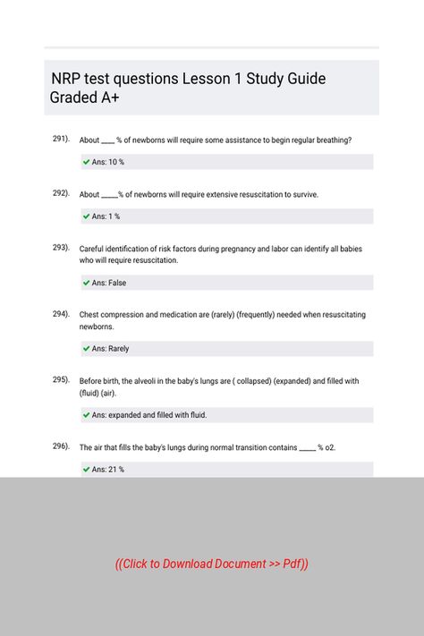 NRP test questions Lesson 1 Study Guide Graded A 
 Follow Link above to Download the document (pdf) Test Questions, Study Guide, Medical