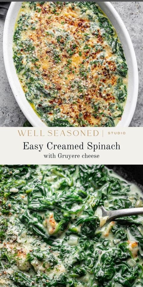 Spinach And Onions Sauteed, Creamy Vegetable Recipes, Spinach Sides For Dinner, Creamed Spinach With Cream Cheese, Spinach And Parmesan Recipes, Creamed Spinach Recipe Fresh, Boursin Creamed Spinach, Green Sides For Christmas, Best Christmas Vegetable Side Dish