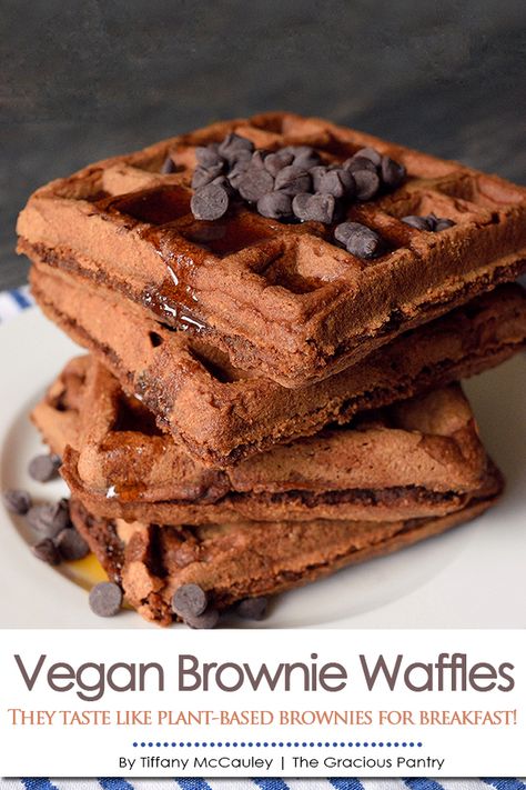 These vegan chocolate waffles are simply to-die for delicious! Like having brownies for breakfast! #veganwaffles #wafflerecipes #veganwafflerecipe #veganrecipes #cleaneating #waffles #breakfastideas #breakfast #healthybreakfast #veganbreakfast ~ https://www.thegraciouspantry.com Dessert Fluff, Chocolate Waffle Recipe, Brownie Waffles, Vegan Waffles, Easy Tasty Recipes, Vegan Breakfast Ideas, Chocolate Waffles, Waffles Recipe, Vegan Brownie