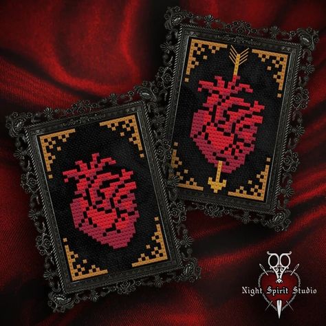 Valentines Pixel Art, Miniature Cross Stitch, Valentine Cross Stitch, Gothic Cross Stitch, Victorian Cross Stitch, Heart Cross Stitch Pattern, Heart Cross Stitch, Victorian Valentines, Gothic Cross