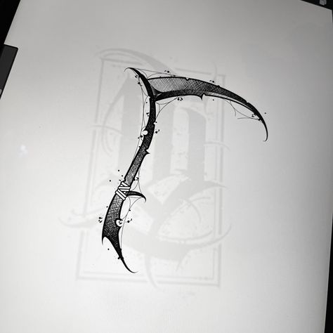 Sickle Tattoo Design, Reaper Scythe Tattoo Design, Sythe Designs, Scythe Tattoo Design, Scythe Tattoo, Dark Lettering Tattoo, Gotik Tattoo, Dark Lettering, Dragon Tattoo Sketch