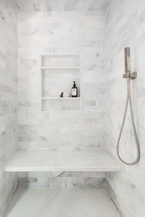 partridge hill | zplusinteriors Shower Niche Over Bench, Shower With Alcove, Shower Niche Above Bench, Niche Above Shower Bench, Master Shower Niche Ideas, Shower Alcove Ideas, Shower With Floating Bench, Bathroom Shower With Bench, Master Shower Niche