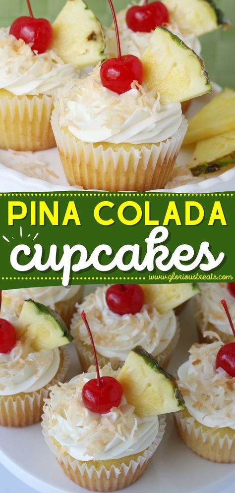 Pina Colada Cupcakes Recipe, summer cupcakes, easy to make sweet treats, easy dessert recipes Pineapple Coconut Cupcakes, Pina Colada Cupcakes, Coconut Cream Cheese, Coconut Cream Cheese Frosting, Pineapple Cupcakes, Pina Colada Cake, Boozy Cupcakes, Tropical Desserts, Summer Cupcakes