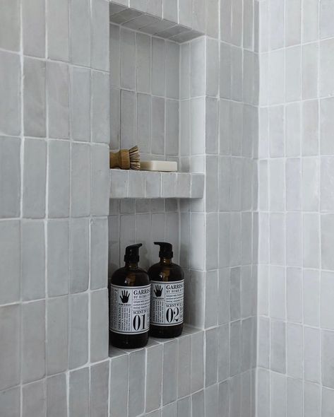 Riad Tile on Instagram: “We get asked all the time about how to trim Zellige tiles. Here is a perfect example of a shower niche with mitered corners so that the…” Bathroom Shampoo Shelf, Shampoo Niche, Oakstone Homes, Tile Shower Niche, Bathroom Niche, Shower Rooms, Loft Bathroom, Zellige Tiles, Tiled Shower