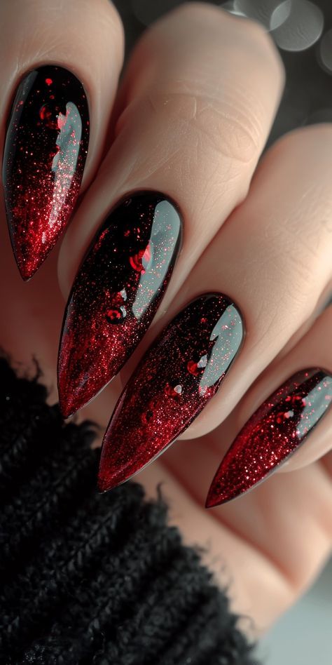 Black Red And Gold Nails, Red And Black Nail, Vampire Nails, Red Nail Art, Goth Nails, Edgy Nails, Faded Hair, Wedding Nail, Red Nail Designs