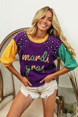 Tinsel Letters, Pearl Sweater, Mardi Gras Shirt, Fat Tuesday, Yellow Sweater, Pullover Sweater Women, Short Sleeved Sweaters, Women Pullover, Green And Purple