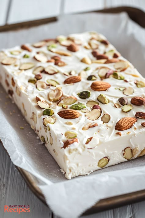 Easy Nougat Recipe, Roman Nougat Recipe, Homemade Nougat Recipe, French Nougat Recipe, Italian Torrone Recipe, Soft Nougat Recipe, Nougat Recipe Easy, Italian Nougat Recipe, Best Nougat Recipe