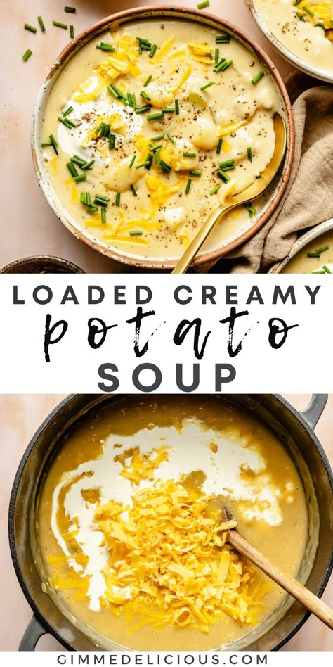 Loaded creamy potato soup is the ultimate comforting meal! It has a smooth, velvety base made from blended potatoes, tender chunks of potato, onion, garlic and cream. Top with cheddar cheese, crispy bacon and chives for a hearty dish that will warm you up on a chilly day! Potato Soup Made With Cream Cheese, Cheese Potato Soup Recipe, Potato Soup With Cheese, Potato Soup Cream Cheese, Potato Soup With Cream Cheese, Potato Onion Soup, Creamy Chicken Potato Soup, Potato And Cheese Soup, Potato Soup Vegetarian