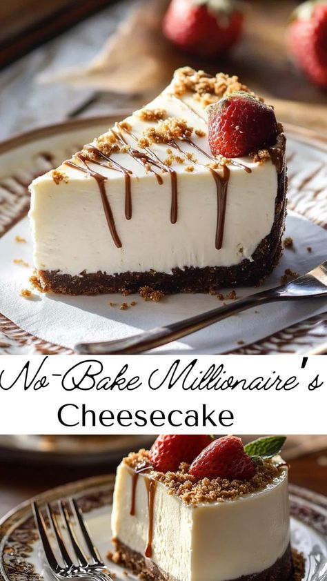 Impress your guests with this Decadent No-Bake Millionaire’s Cheesecake, the perfect Friendsgiving dinner recipe. Its rich flavors and no-bake convenience make it an ideal dessert for winter gatherings and cozy celebrations. Custard Cheesecake Recipes, Non Cook Cheesecake Recipes, No Bake Kahlua Cheesecake, No Bake Millionaire Cheesecake, Dream Whip Cheesecake, Easy Mascarpone Dessert, Millionaire Cheesecake Recipe, Not Sweet Desserts, Cool Whip Cheesecake No Bake