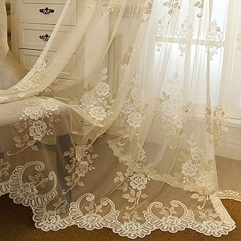 Amazon.com: WPKIRA Embroidered Sheer Curtains Rod Pocket Top Window Treatments Panels Tulle Voile Sheer Curtains Transparent Sheer Curtain Drapes for Living/Bedroom Room 1 Panel W75 x L84 inch : Home & Kitchen Lace Bedroom, Rideaux Shabby Chic, Lace Curtain Panels, Interior Room Decoration, Sliding Glass Doors Patio, Interior Decorating Living Room, Window Curtains Bedroom, Beige Curtains, Estilo Shabby Chic