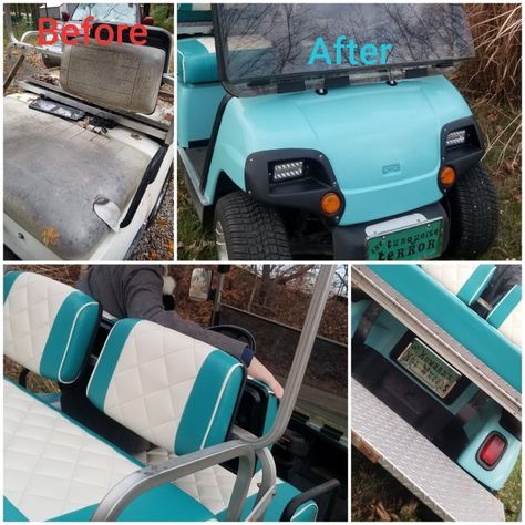 Golf cart, SailRite, upholstery, custom license plate, Cricut MrsEch Golf Cart Remodel, Golf Cart Storage, Retro Golf, Ezgo Golf Cart, Beach Buggy, Pool Time, Custom License Plate, Golf Cart, Golf Carts