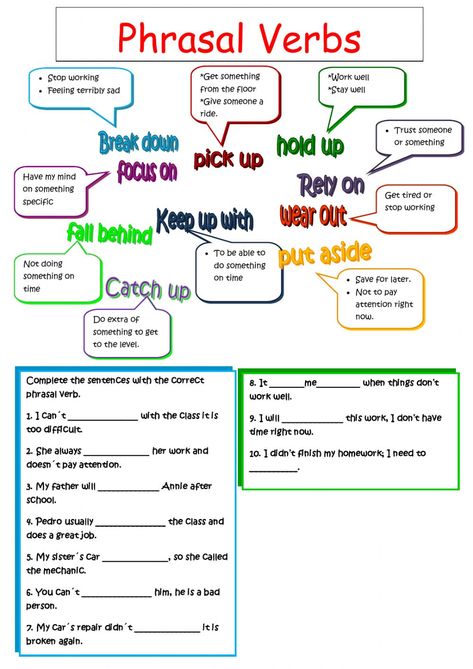 Phrasal Verbs Interactive worksheet Middle School Grammar Worksheets, Verbs Activities, English Phrasal Verbs, English Collocations, Phrasal Verb, English Grammar Rules, Verb Worksheets, Teachers Aide, Learn English Grammar