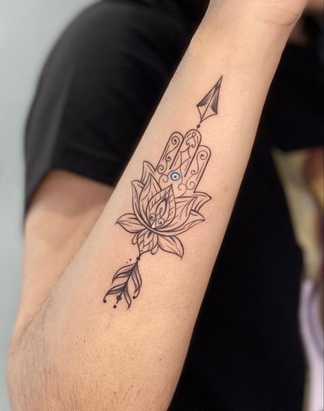 Hamsa Tattoo Back Of Neck, Hand Of Fatima Tattoo Small Evil Eye, Hand Of Hasma Tattoo Evil Eye, Hamsa Hand Tattoo Design Spiritual, Eye Of Protection Tattoo Hamsa Hand, Fatima Hand Tattoo, Hand Palm Tattoos, Destiny Tattoo, Calf Tattoos For Women