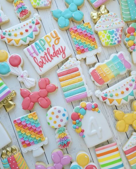 Shopping Cookies Decorated, Number 4 Cookies Decorated, Rectangle Sugar Cookies Decorated, Sugar Cookie Designs Birthday, Birthday Cookies Decorated, Rainbow Sugar Cookies, Birthday Sugar Cookies, Cookie Birthday Party, Happy Birthday Cookie