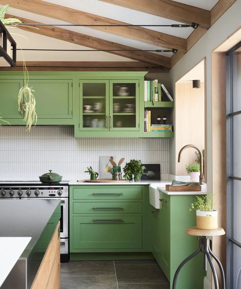 It really is each to their own with bolder shades in the kitchen. If you love a bright green and you know you personally won't tire of it then go for it – this slightly more muted green kitchen is so fabulous. But just always consider how you will feel about your kitchen color in five years' time, or ten years' time because that is potentially how long you will have to be around this color and there is the risk you will grow sick of it or it will date quickly. Image credit: Roundhouse Small Kitchen Colors, Cabinet Color Ideas, Kitchen Cabinet Color, Outdated Kitchen, Kitchen Colour Combination, Kitchen Cabinet Color Ideas, Bold Kitchen, Bespoke Kitchen Design, Kitchen Wall Colors