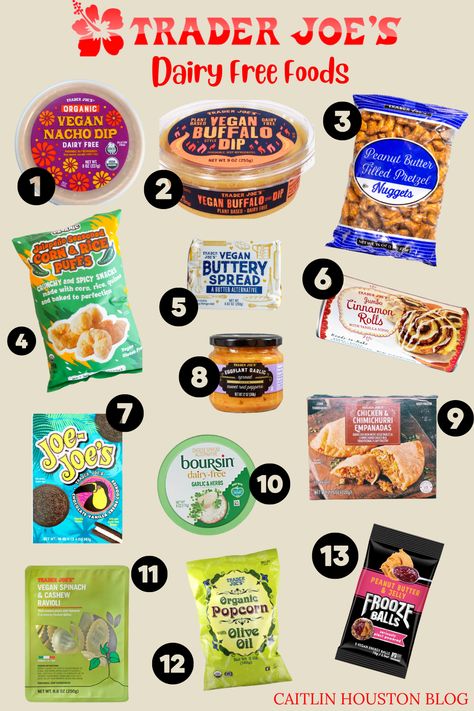 Dairy Free Snacks at Trader Joe's Dairy Free Foods, Dairy Free Dips, Trader Joes Vegan, Peanut Butter Filled Pretzels, Seasoned Corn, Dairy Free Breastfeeding, Cheese Alternative, Dairy Free Snacks, Free Groceries