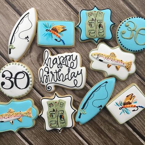 Salmon Cookies Decorated, Fly Fishing Cookies, Fishing Cookies, Fish Cookies, Fishing Boats For Sale, Camping Lunches, Baking Art, Decorating Cookies, Dog Camping