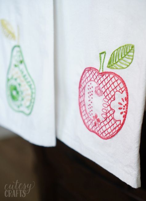 How to Embroider Tea Towels - Cutesy Crafts Embroider Tea Towels, Flour Sack Towels Crafts, Kitchen Liners, Tea Towels Embroidery, Free Cross Stitch Designs, Tea Towels Diy, Hand Embroidery Patterns Free, Vintage Tea Towels, Towel Embroidery