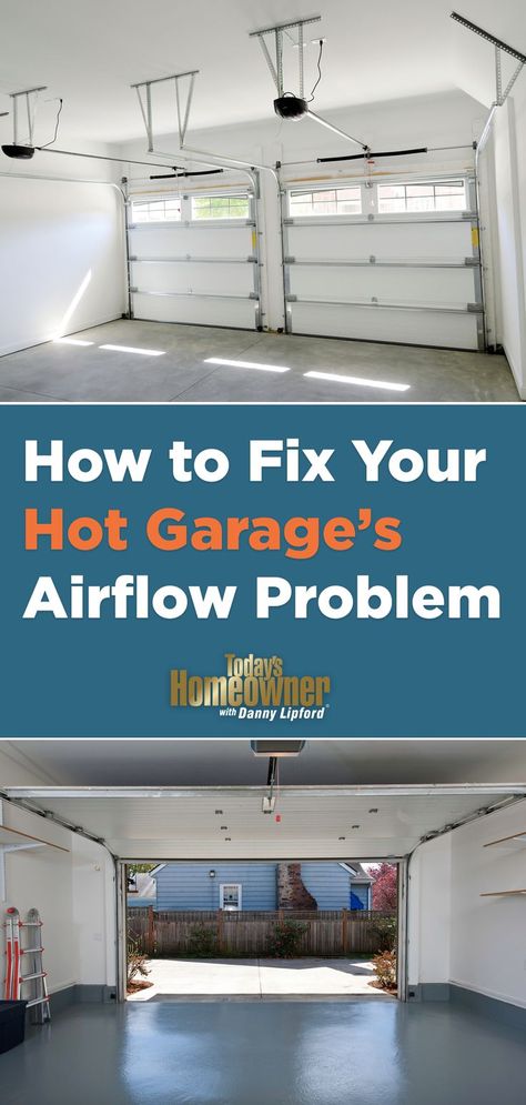 Top: Empty garage, with doors closed, as seen from the inside. Bottom: Garage, with door open, as seen from the inside, while the hot sun shines on the polished floor. Garage Fan Ideas, Garage Ventilation Ideas, Garage Fan, Garage Door Maintenance, Garage Ceiling, Intentional Community, Colored Ceiling, Garage Shop, Retirement Community