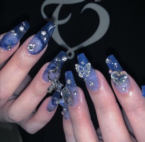 Yule Ball Nails, Blue Fake Nails, Fake Nails Square, French Press On Nails, Square French, Press On Nails Long, Punk Nails, Butterfly Blue, Nails Square