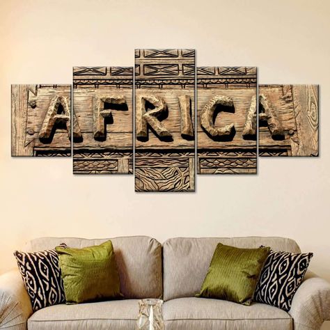 Carved Africa Sign Multi Panel Canvas Wall Art | ElephantStock African Art Canvas, African Room Decor Ideas, Modern African Decor Living Rooms, Afrocentric Bedroom, Drawing Room Concept, African Themed Living Room, Modern African Decor, Wood Carving Wall Art, African Room