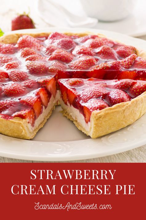 A delicious pie with a rich cream cheese  layer topped by luscious strawberries!  The fresh tart strawberries make a delicious dessert! Strawberry Cream Cheese Pie With Jello, Strawberry Cream Cheese Tart, Strawberry Pie With Cream Cheese, Strawberry Cream Cheese Mini Pies, Strawberry Pie Recipe With Cream Cheese, Cream Cheese Tart Filling, Pioneer Woman Strawberry Pie, Strawberry Pie Cheesecake, Strawberry Pies