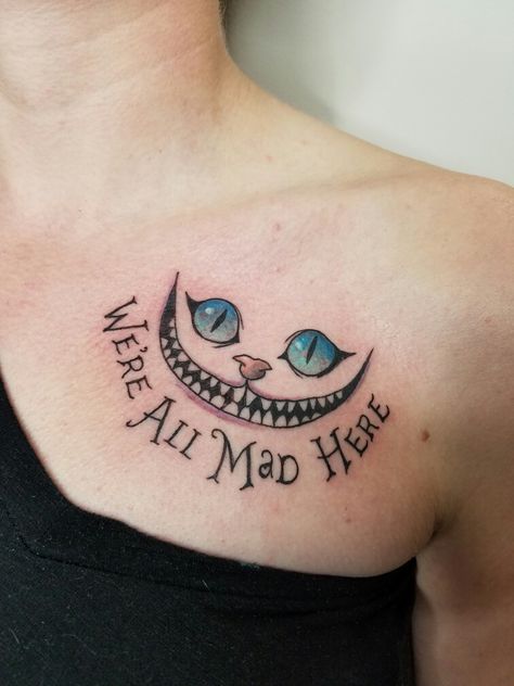 Alice in Wonderland tattoo on chest Disney Stitch Tattoo, Tatuaje Cover Up, Cheshire Cat Tattoo, We Are All Mad Here, Alice And Wonderland Tattoos, Iris Tattoo, Verse Tattoos, Small Chest Tattoos, Country Tattoos