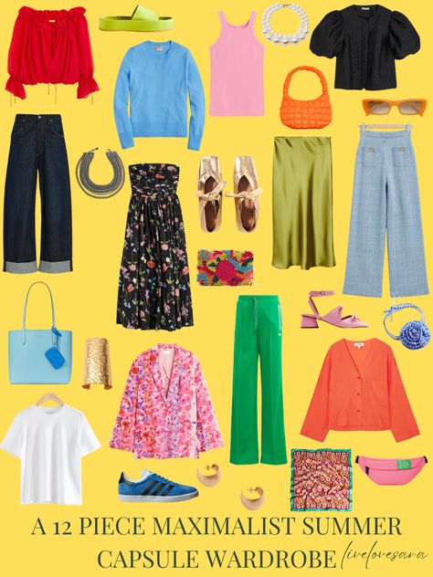 A yellow background with 12 clothing items plus shoes and accessories for a maximalist summer capsule wardrobe. Maximalist Outfits, Clothes Capsule Wardrobe, Create Capsule Wardrobe, Informal Attire, Capsule Wardrobe Casual, Spring Summer Capsule Wardrobe, Colorful Wardrobe, Minimalist Summer, Summer Capsule