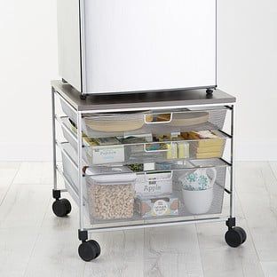 Platinum Elfa Mesh Compact Fridge Cart Mesh Drawers, Fridge Stand, Shallow Pantry, Mini Fridge Stand, Dorm Room Organization Diy, Dorm Hacks, Compact Fridge, Mini Refrigerator, Dorm Storage