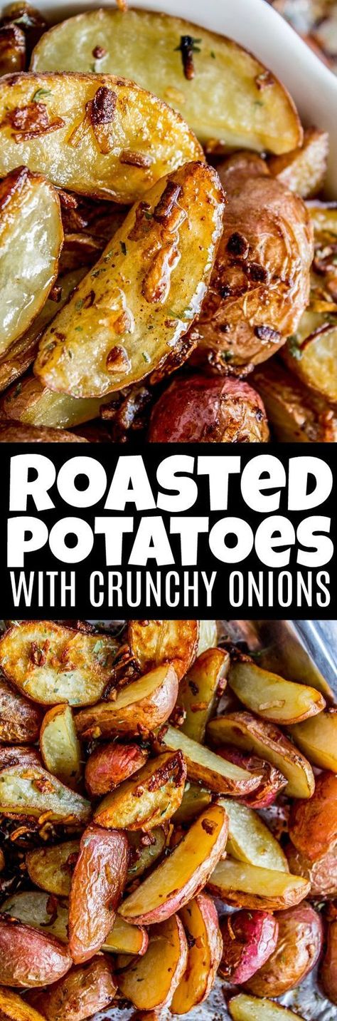 Roasted Potatoes with Crunchy Onions Crunchy Onions, Roasted Potatoes And Onions, Dehydrated Onions, Potato Side Dishes, Onion Recipes, Onion Soup Mix, Best Side Dishes, Thanksgiving Side Dishes, Potato Dishes