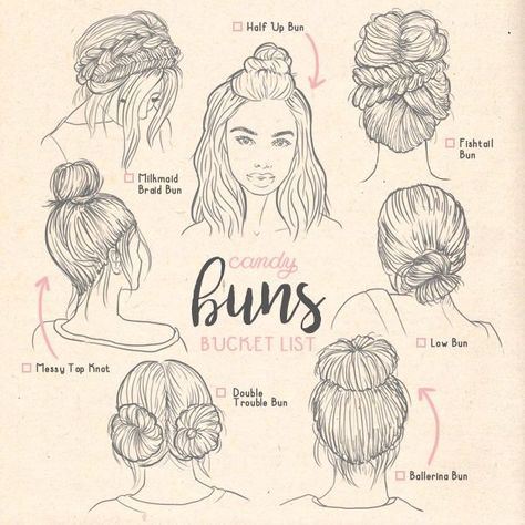 Types of buns Types Of Buns, How To Draw Braids, Eve Makeup, Hair Sketch, Makeup Wedding, Short Hairstyle, Hazel Eyes, How To Draw Hair, Hair Art