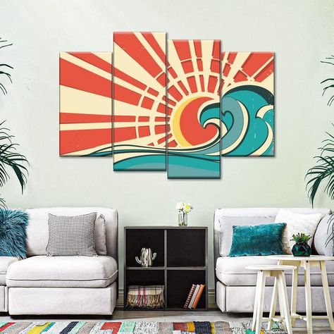 Vintage Surf Wave Multi Panel Canvas Wall Art Graffiti Wall Art Surfing, Wave Artwork, Wave Wall Art, Surf House Decor, Surf Wave, Caribbean Homes, Nykaa Fashion, Wave Wall, Surf Decor