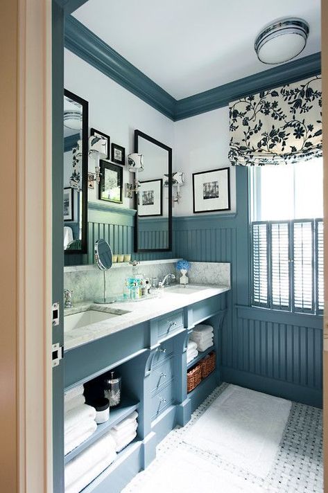 Bathroom with Blue Painted Bead Board #bathroom #bathroomideas #bathroomdecor #beadboard Beadboard Bathroom, Beadboard Paneling, Bead Board, New Toilet, Diy Bathroom Remodel, Trendy Bathroom, Blue Bathroom, Diy Remodel, Counter Tops