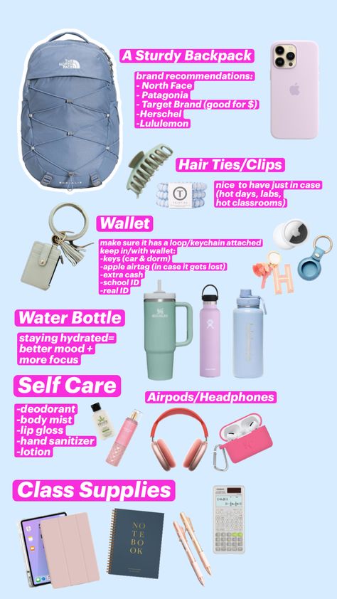 #backpack #essentials #schoolessentials #hydroflask #stanley #selfcare #planner #notebook #backtoschool #college #collegestudent #collegelife #preppy #preppyaesthetic #ootd #highschool Extra Things To Put In Your Backpack, Back To School Backpacks Essentials Highschool, What's In My Backpack College, Study Bag Essentials, Organized School Bag, Collage Backpack Essentials, Backpack Must Haves Highschool, College Stationary Essentials, Everyday Backpack Essentials