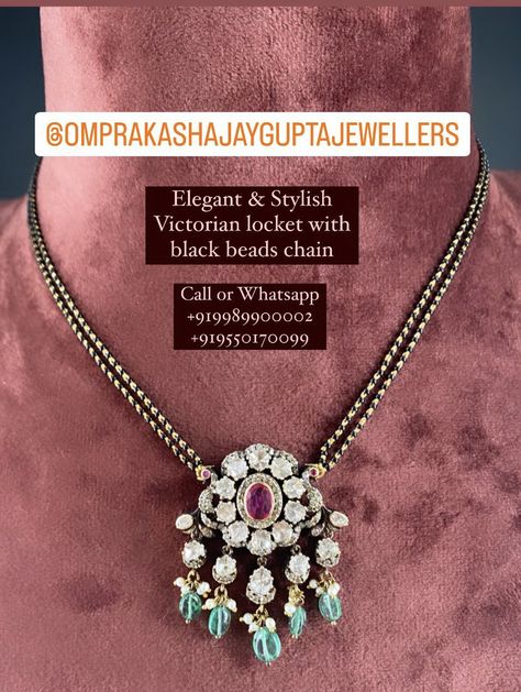 Victorian Lockets Gold Indian, Diamond Black Beads Mangalsutra, Heavy Jewellery, Beaded Wedding Jewelry, Mangalsutra Chain, Victorian Jewellery, Mangalsutra Design, Silver Jewelry Accessories, Black Beads Mangalsutra