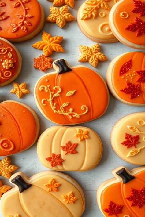 Pumpkin sugar cookies Fall Cookie Designs, Thanksgiving Sugar Cookie Ideas, Thanksgiving Cookies Decorated Ideas, Fall Sugar Cookies Royal Icing, Fall Sugar Cookies Decorated, Pumpkin Sugar Cookies Decorated, Sugar Cookie Ideas, Thanksgiving Sugar Cookies, Thanksgiving Cookies Decorated