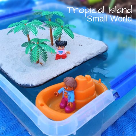 Tropical Island Small World and Sensory Bin for Kids Water Sensory Activities, Calm Down Box, Summer Sensory, Frozen Painting, Dough Slime, Activities For Summer, Sensory Tubs, Sensory Activities For Kids, Toddler Class