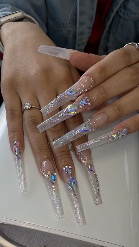 Super Long Nails, Big Nails, Xxl Nails, Clear Glitter Nails, Anniversary Nails, Xl Nails, Fye Nails, Acrylic Nail Designs Coffin, Long Square Nails