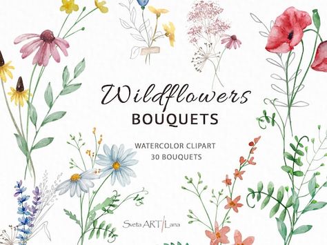 Watercolor Wildflowers Bouquets Clipart Meadow Clipart - Etsy Watercolor Wildflowers, Print Planner, Watercolor Bouquet, Summer Png, Wildflower Bouquet, Botanical Design, Wedding Clipart, Holiday Photos, Digital Sticker