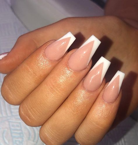 Geometric French Long Coffin French Tip Nails With Design, Square Triangle French Tip Acrylic Nails, Nails Similar To French Tip, Ballerina Nails Medium Length French Tip, French Tip Acrylic Nails Triangle, Coffin Acrylic Nails V Tip, V Shape White Tip Nails, French Tip Pointed Nail, French V Shape Nails