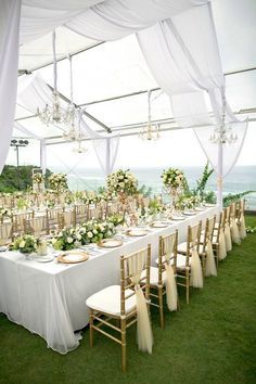 Elegant all white wedding decoration with a touch of golden tiffany chair | elegant wedding decor ideas | This is incredible! Unique work by  Flora Botanica Designs http://www.bridestory.com/flora-botanica-designs/projects/white-green-and-gold-elegant-wedding-at-latitude-villa White Wedding Decorations, Fun Wedding Decor, Gold Wedding Theme, All White Wedding, Gold Wedding Decorations, Wedding Tent, Table Set Up, Coastal Wedding, Wedding Decor Elegant