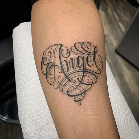 Angel In Cursive, Tattoo Writing Fonts, Baby Angel Tattoo, Cursive Tattoo, Cursive Tattoos, C Tattoo, Chicano Art Tattoos, Writing Tattoos, Best Tattoos For Women