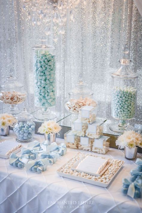 Blue And White Sweets Table, Elegant Sweet Table, Dusty Blue Candy Table, Blue Dessert Table, Silver Sequin Backdrop, Baby Shower Sweets Table, Lolly Buffet, Gift For Guests, Idee Babyshower