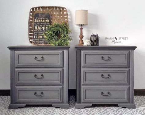 Custom Gray Nightstands | General Finishes Design Center Gray Nightstand Bedroom, Gray Painted Nightstand, Dark Gray Nightstands, Dark Gray Nightstand, Upcycle Bedside Table, Gray Nightstands, Gray Dresser Makeover, Gray Refinished Dresser, Refinished Nightstand