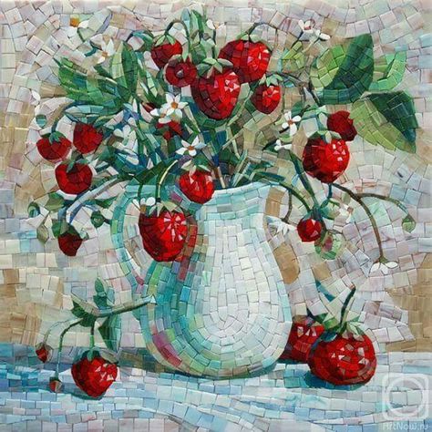 Studio JCS Strawberry Mosaic, Mosaic Fruit Art, Strawberry Mosaic Art, Tropical Mosaic Art, Hibiscus Mosaic Pattern, Mosaic Art Supplies, Tree Mosaic, Mosaic Pots, Floral Mosaic